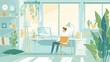 © Tida - Modern home office interior illustration - An illustration of a person working in a modern home office with large windows and plants