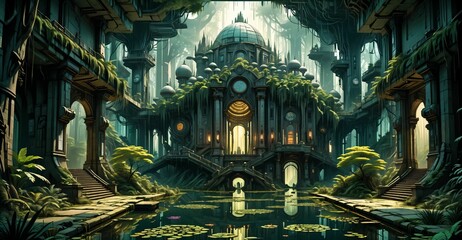 Wall Mural - gothic baroque city palace in woodland forest wetlands. fantasy overgrowth cyberpunk town house castle in marsh swamp river pond lake water.