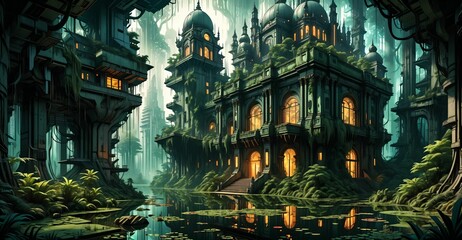 Wall Mural - gothic baroque city palace in woodland forest wetlands. fantasy overgrowth cyberpunk town house castle in marsh swamp river pond lake water.