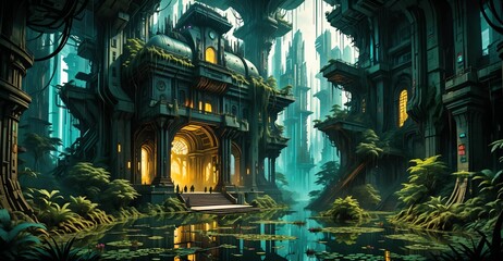 Wall Mural - gothic baroque city palace in woodland forest wetlands. fantasy overgrowth cyberpunk town house castle in marsh swamp river pond lake water.