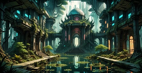 Wall Mural - gothic baroque city palace in woodland forest wetlands. fantasy overgrowth cyberpunk town house castle in marsh swamp river pond lake water.