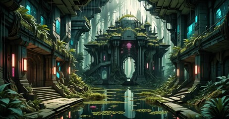 Wall Mural - gothic baroque city palace in woodland forest wetlands. fantasy overgrowth cyberpunk town house castle in marsh swamp river pond lake water.