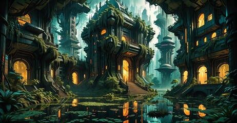 Poster - gothic baroque city palace in woodland forest wetlands. fantasy overgrowth cyberpunk town house castle in marsh swamp river pond lake water.