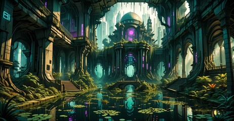 Wall Mural - gothic baroque city palace in woodland forest wetlands. fantasy overgrowth cyberpunk town house castle in marsh swamp river pond lake water.