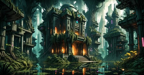 Wall Mural - gothic baroque city palace in woodland forest wetlands. fantasy overgrowth cyberpunk town house castle in marsh swamp river pond lake water.