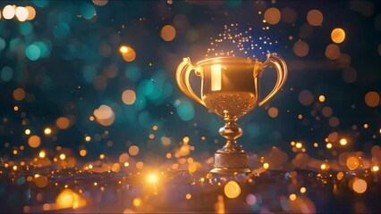 a stunning image of a golden trophy surrounded by sparkling lights and bokeh effects, capturing the 