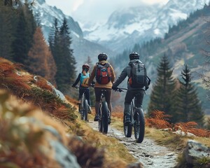 Family Enjoys Sustainable Electric Bike Ride Through Scenic Forest Trail