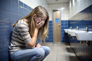 young woman sitting on floor at the bathroom