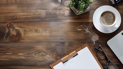 Poster - Top View of Business Desk with Laptop, Notepad, and Coffee Cup