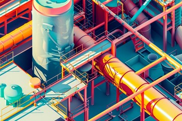 Canvas Print - A colorful industrial building with yellow pipes and a pink pipe