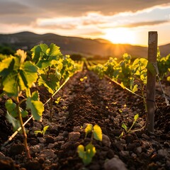 Canvas Print - Rows of Young Grapevines Embracing the Energy of New Beginnings in Vineyard Landscape