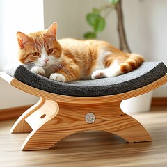 Poster - A wooden cat scratcher with an orange and orange british shorthair : Generative AI
