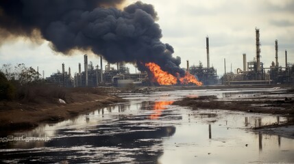 Wall Mural - river oil refinery fire