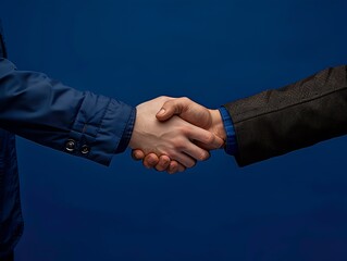 Canvas Print - two hands in a handshake in jackets on a dark blue background, office style : Generative AI