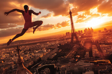 Man jumping with a view on Paris during a sunset