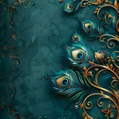 Poster - Majestic Peacock Feather Motifs on Teal and Gold Luxury Background Concept