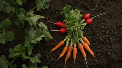 Wall Mural - bunch of orange carrots and red radishes with their green leaves generative ai