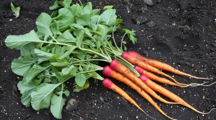 Wall Mural - bunch of orange carrots and red radishes with their green leaves generative ai