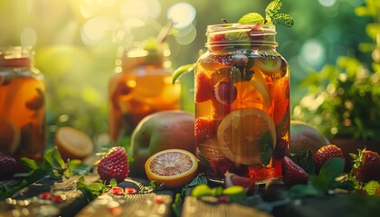 Poster - fruit ice tea in the jar on a hot summer day : Generative AI