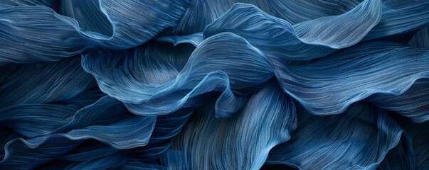 Poster - Detailed texture and wavy folds of blue linen fabric, illuminated by natural light, top view on a dark background