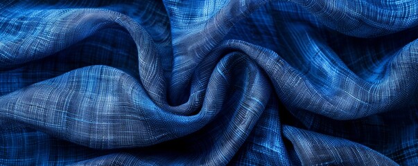Poster - Detailed texture and natural light on blue linen fabric with wavy folds, top view against a dark background