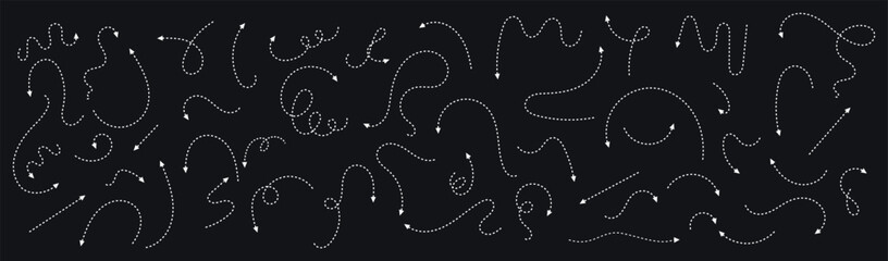 Poster - set of hand drawn thin dash line arrows. collection of curved pointers. white dot vector pointers po