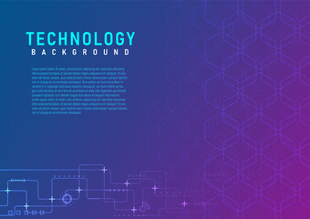 Fototapete - Abstract Technology Background Right hexagonal outline with bottom circuit lines and elements On the left side there is space to place text with a blue-purple gradient background.
