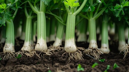 Wall Mural - green celery stalks and white leeks with their roots above the ground generative ai