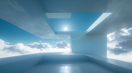 Poster - white background with an open wall in the center, a flat blue sky above and clouds below : Generative AI