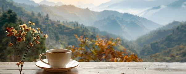 Wall Mural - Cozy Coffee Moment Amid Scenic Mountain Landscape at SunriseSunset