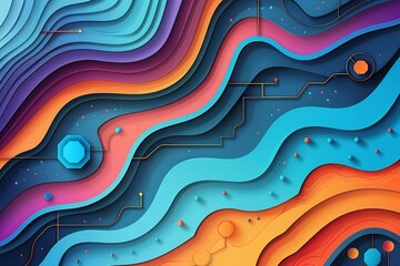 Vector paper cut digital tech background with geometric shapes and data streams