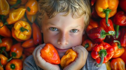 Wall Mural - boy holding red chili peppers and orange habaneros generative ai