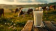 © Paul - Close-up shot of a glass of milk on wooden table, with scenic farm meadow and grazing cows in the background