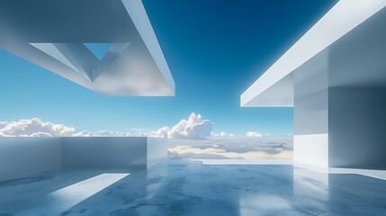 Poster - white background with an open wall in the center, a flat blue sky above and clouds below : Generative AI