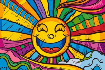 Cartoon cute doodles of a smiling sun with bold, colorful rays reminiscent of Matisse's work, Generative AI