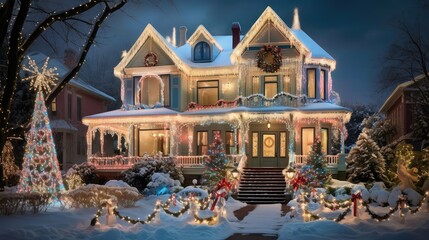 Canvas Print - victorian house with christmas lights outside