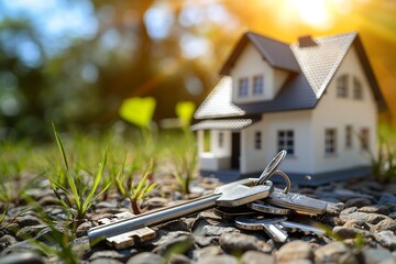 Poster - Key with mini house model on table, New home : Generative AI