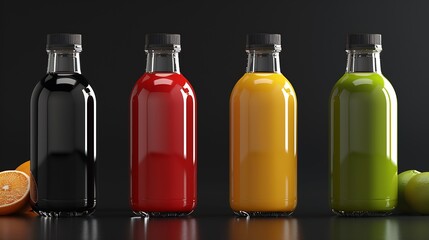 Poster - 4 juice bottles with black label no name : Generative AI