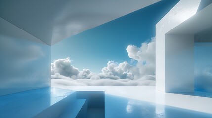 Poster - white background with an open wall in the center, a flat blue sky above and clouds below : Generative AI