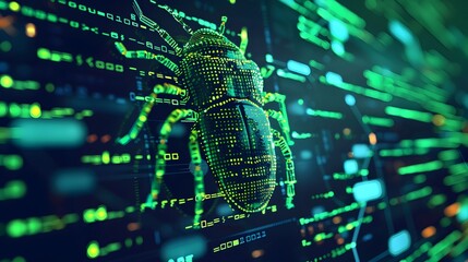 Bug Bounty, tick, Neon green Digital Code Backdrop, malware trends tracker, hacking , cybersecurity, data, technology