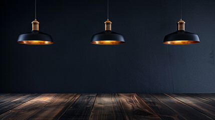 Wall Mural - Dark wooden table with modern pendant lights.