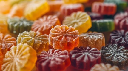 Beautiful close-up of assorted cannabis jelly candies, selective focus on the vibrant colors and intricate details