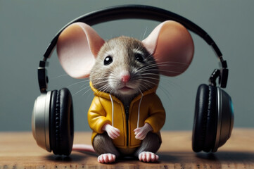 Wall Mural - Fantasy image of Mouse with Headphones Listening to Music