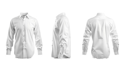 A white dress shirt, front, perspective, and back view, isolated on a transparent background.