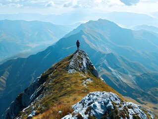 Poster - Lone Hiker Admiring Vast Panoramic Mountain Landscape from High Peak Summit