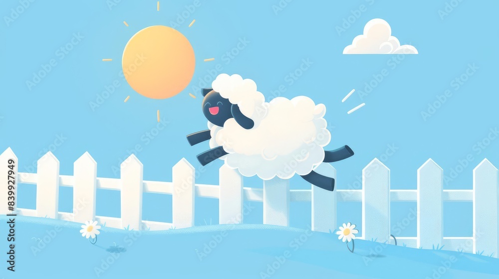 Isometric flat illustration of a happy sheep jumping over a fence, with ...
