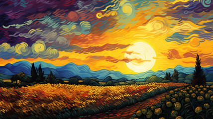 Wall Mural - Hand drawn cartoon beautiful impressionist artistic dusk outdoor landscape illustration
