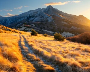 Sticker - Mountain Landscapes Bathed in Warm Golden Light at Sunset Casting Long Shadows