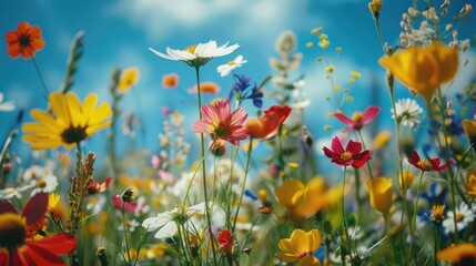 Wall Mural - Field of flowers with blue sky