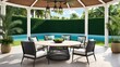 © Five Million Stock - Terrace with outdoor furniture round table chairs gazebo and palm trees Exotic summer patio